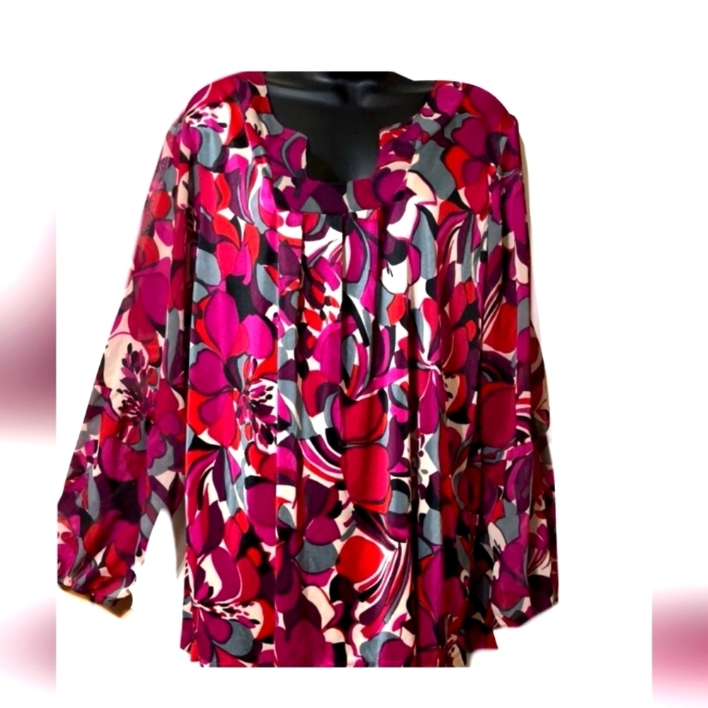 3X or 22/24 AVENUE Magenta Multicolor Floral Artsy Mixed Media Print Top